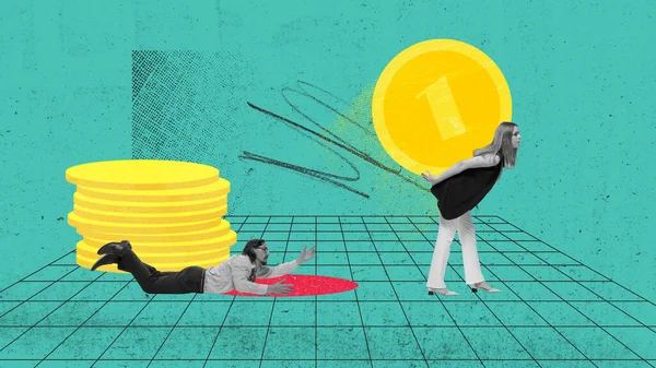 現代美術のコラージュ 従業員間の挑戦と競争 女性はコインを持って 男は床に横になって失う ビジネス パートナーシップ キャリア 広告の概念 — ストック写真