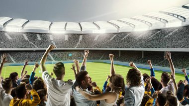 Destekleyen futbol taraftarlarının arka planında bir el spor stadyumunun 3D modelini yükseltiyoruz. Hobiler, duygular, takım oyunları, reklam ve aktif yaşam tarzı kavramı