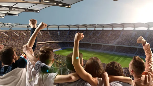 Tezahürat yapan taraftarlardan oluşan bir grup, Grandstage 'de spor şampiyonası izliyor. Stadyumun 3 boyutlu maketi ve kargalı tribünü olan insanlar. Spor, duygu, oyun, arkadaşlık, birlik, takım, tezahürat ve hedef kavramı.