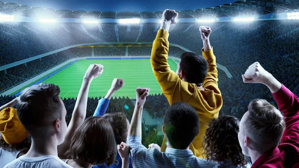 Futbol taraftarları atlayıp destek veriyor. Arka plan uzaylıları, akşam şampiyonluk maçında takımlarını destekliyor. Spor, duygu, oyun, birlik ve başarı kavramı.