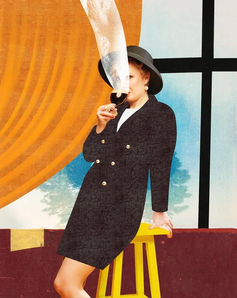 Obra Arte Creativa Cartel Colores Brillantes Con Mujer Retro Moda — Foto de Stock