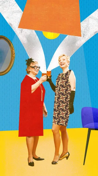 Дві Щасливі Веселі Жінки Пивному Вечірці Сучасне Мистецтво Колаж Яскравими — стокове фото