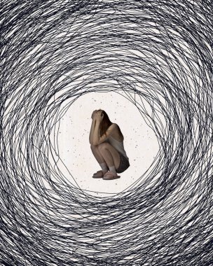 Karmaşık düşünceler ve aşırı düşünme, depresyon ve ruhsal çöküntü yaşayan genç bir kadın. Çağdaş sanat kolajı. Akıl sağlığı kavramı, iç dünya, psikoloji, duygular. Kavramsal tasarım