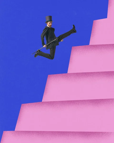 Success. Modern abstract collage. Businessmen in suits Jumping up painted steps. Concept of business, cooperation, startup, career growth, vintage, retro