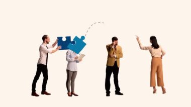 İletişim kuran, iş fikirleri üreten bir grup insan. Çağdaş sanat kolajı. Takım çalışması kavramı, beyin fırtınası, projeler, profesyonel aktivite, planlama. Hareketi durdur, 2B animasyon