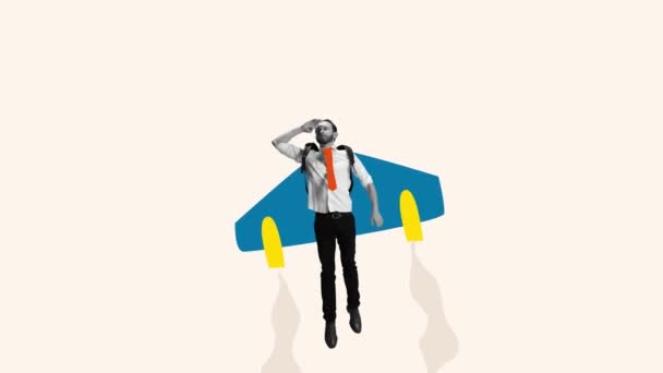 Современный Художественный Коллаж Человека Летящего Самолете Символизирующий Профессиональный Личностный Рост — стоковое видео