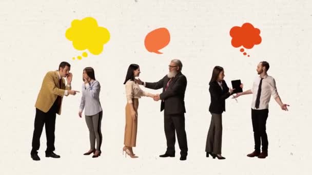Kreatywny Kolaż Grupy Ludzi Komunikujących Się Prowadzących Dyskusję Biznesową Elementy — Wideo stockowe