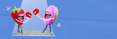Pankart. Çilekli sanat kolajı ve donut mavi arka plan için boks eldivenleriyle ışık taklidiyle savaşıyor. Abur cubur, sağlıklı yemek, veganlık, sağlıklı yaşam tarzı, reklam. Çizgi film biçimi.