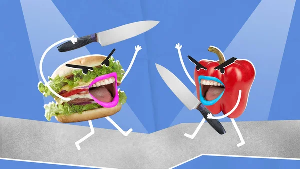 Burger Contro Carta Collage Arte Orizzontale Battaglia Tra Carta Hamburger — Foto Stock