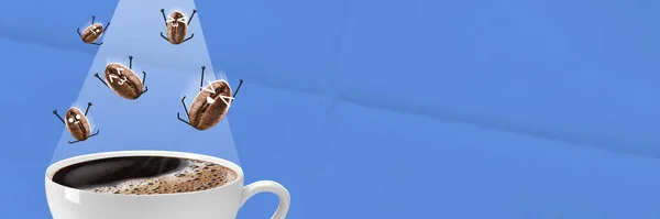 Баннер Искусство Коллаж Кофейных Зерен Различными Эмоциями Летать Чашку Кофе — стоковое фото