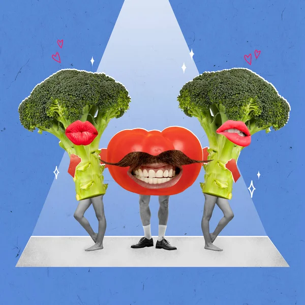 Good nutrition for your body. Vegetables, smiling tomato with mustaches hugs two broccolies with lips. Modern artwork. Contemporary art collage. Concept of veganism, healthy lifestyle.