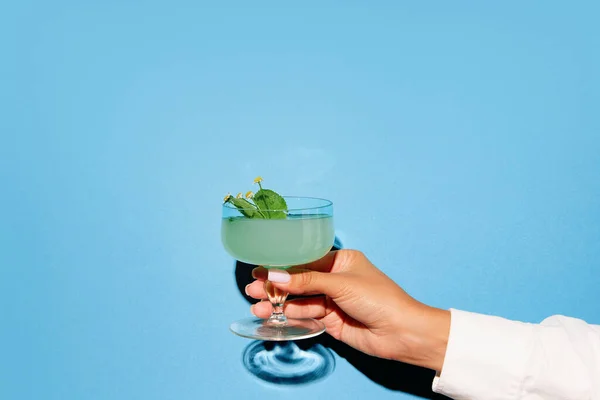 Sweet Female Hand Holding Glass Cocktail Bright Pop Art Blue — Stock Photo, Image