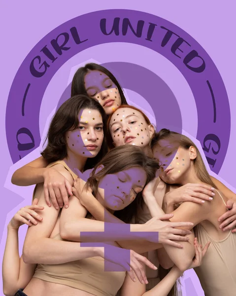 Image Five Women Hugging Surrounded Drawing Inscription Venera Sign Violet — Stock Photo, Image