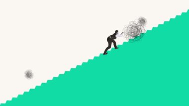 Yaratıcı sanat eserleri. İş adamı, çalışanı büyük bir karmakarışık topu ileri itiyor korkusuz sorunları aşmayı simgeliyor. Bariyerleri aşmak. İş kavramı, kişisel ve mesleki büyüme, tanıtım