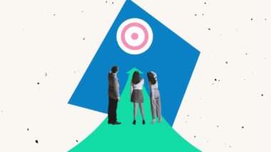 Yaratıcı kolaj. İş adamları, yöneticiler, çalışanlar hedefe ve başarıya ulaşma stratejisini tartışıyor. Büyümeye çalışıyorum. Takım çalışması kavramı, analitik, iş, kariyer geliştirme, tanıtım