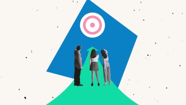 Креативний Колаж Ділові Люди Менеджери Співробітники Обговорюють Стратегію Досягнення Мети — стокове відео