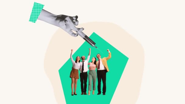 Collage Creativo Grupo Personas Felices Trabajadores Oficina Vacunaron Ambiente Trabajo — Vídeos de Stock