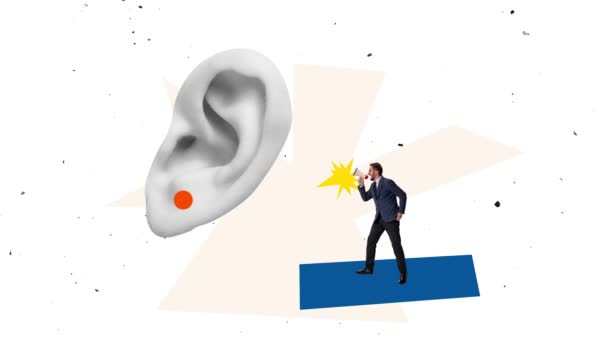 Kreatywny Kolaż Współczesny Artystyczny Kolaż Biznesmena Krzyczącego Megafonie Gigantyczny Słuch — Wideo stockowe