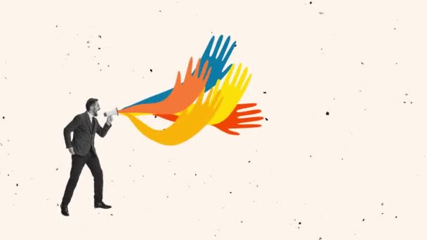 Colagem Arte Contemporânea Homem Negócios Gritando Megafone Com Salpicos Multicoloridos — Vídeo de Stock