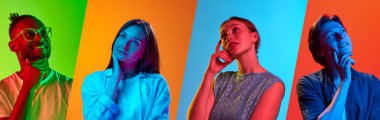 Düşünce kolajı, rüya gören kadın ve erkekler, neon ışıklarıyla dar dikey çizgilere yerleştirilmiş. Duyguların kavramı, yüz ifadeleri, gençlik, moda, güzellik, modern