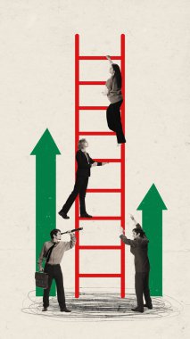 Heyecanlı insanların sanat kolajı merdiveni bitirme görevleri. Başarı, iş, iş, strateji ve reklam kavramı.