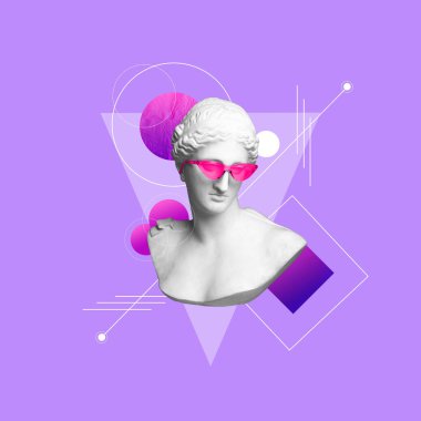 Pembe camlı Yunan tanrıçasıyla çağdaş sanat kolajı soyut unsurlu mor arkaplana karşı. Yaratıcılık kavramı, sanat, parti, müzik. Ad