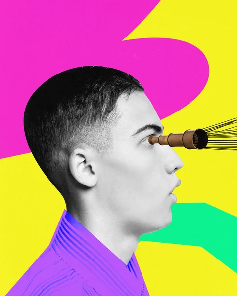 Future. Profile view of man looking through a telescope over bright colorful background. Contemporary art collage. Concept of future, fears, phobia and ad.