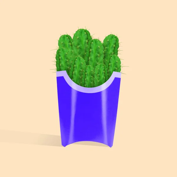 Współczesny Kolaż Sztuki Francuskich Kaktusów Jako Frytki Lub Frytki Niebieskim — Zdjęcie stockowe
