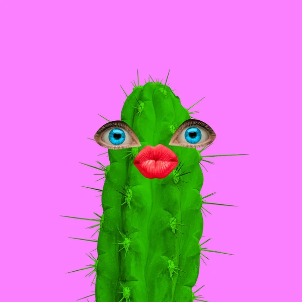 Collage Arte Contemporáneo Específico Extraño Cactus Verde Como Cabeza Humana — Foto de Stock