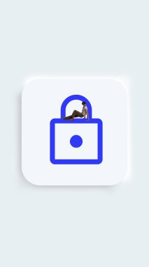 Sanat kolajı. Web, bilgisayar ve mobil uygulama için kilitle simgesi. Kilidi tüm vücuduyla açmaya çalışan genç bir adam. Grafik konsepti, web tasarımı, dijital eğitim, cihazlar, görsel, sanat. Ad.