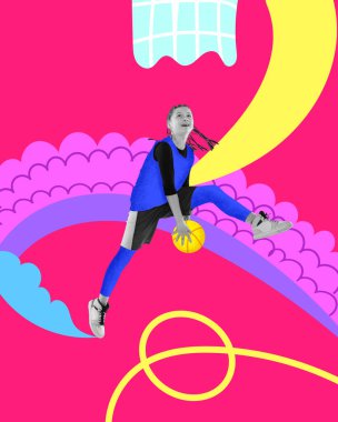 Çağdaş sanat kolajı. Kadın basketbolcuyla kompozisyon, rakip sahaya gol atmak için numara yapar. Moda şehir tarzı. Spor, sağlıklı yaşam tarzı, yaratıcılık, ilham, hobi konsepti