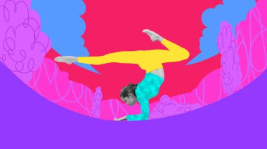 Çağdaş sanat kolajı, esnek güzel küçük bir kız, jimnastik sanatçısı renkli arka planda izole edilmiş esneme egzersizleri yapıyor. Spor, sağlıklı yaşam tarzı, yaratıcılık, hobi konsepti