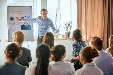 Erkek lider iş toplantısında sunum yapıyor. Konferans salonundaki izleyiciler konuyu tartışıyor. Konferans, eğitim, planlama, öğrenme, koçluk kavramı. Pankartlar için kompozisyon.