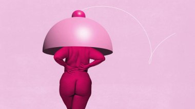 Çağdaş sanat kolajı. Kadın vücudunun kavramsal görüntüsü, pembe efektli kalçalar ve izole edilmiş göğüs unsurları. Doğal güzellik kabulü. Feminizm kavramı, sosyal meseleler