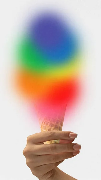 現代アートコラージュ アイスクリームコーンに虹色のカラフルな雲を保持する女性の手 Lgbtqのサポート Lgbtqのサポート コンセプト — ストック写真