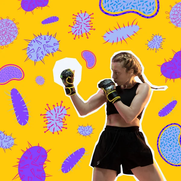 現代アートコラージュ 静的なボクシング手袋の運動 フィットガールは有害な明るいバクテリアと戦います 女性の健康 健康的なライフスタイル ウイルス 広告の概念 — ストック写真
