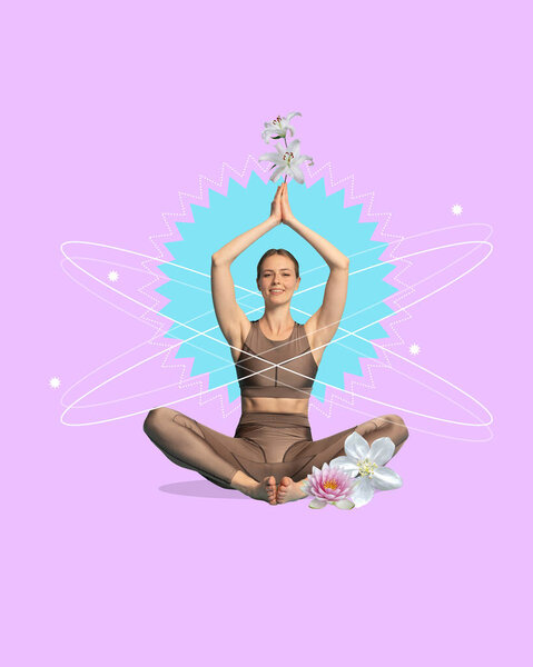 Contemporary art collage. Attractive, young woman dressed sporty sitting in lotus pose of yoga with raising hand with flowers and drawing elements. Concept of womens health, lifestyle, wellness. ad