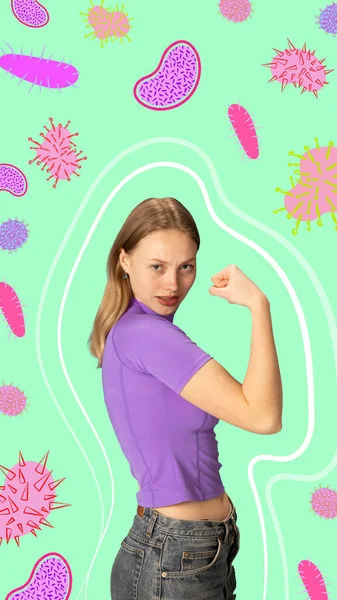 Colagem Arte Contemporânea Jovem Menina Bonita Mostrando Músculos Bolha Sabão — Fotografia de Stock
