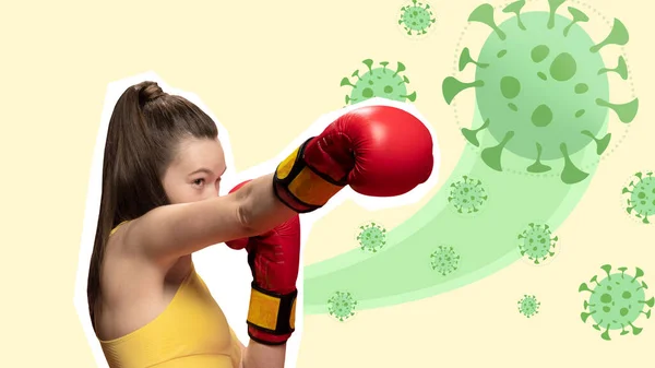 現代アートコラージュ スポーツ ボクシング制服にフィットガール 有害な明るい細菌と戦う手袋 女性の健康 健康的なライフスタイル ウイルスの概念 アメリカ合衆国 — ストック写真