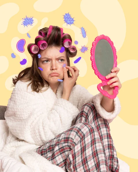 Contemporary Art Collage Upset Young Girl Hair Curlers Sitting Looking — Stock Photo, Image