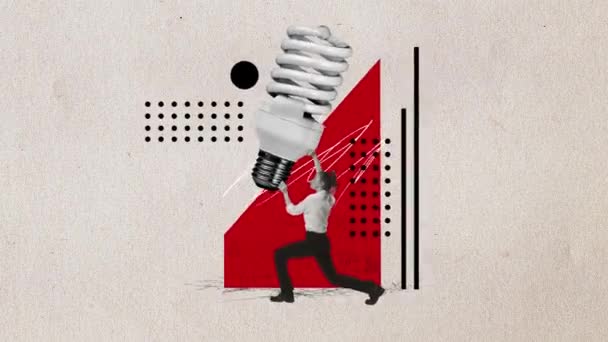 Stoppa Rörelse Animation Affärskvinna Håller Enorma Glödlampa Försöker Övervinna Kreativ — Stockvideo