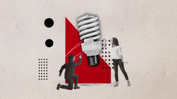 Stop Motion Animation Team Workers Touching Light Bulb Trying Generate — Stock Video