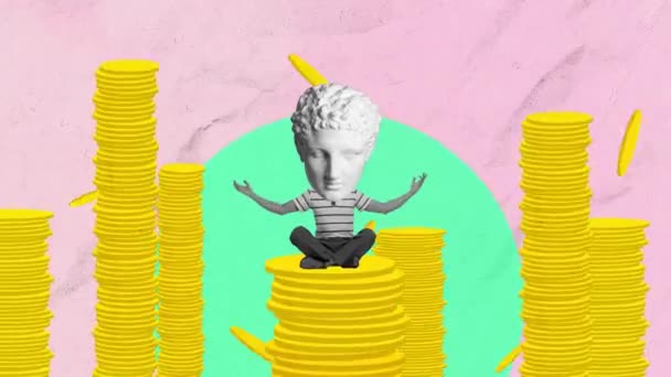 Stop Motion Animation Businessman Antique Statue Head Sitting Coins Symbolizing — Stock Video