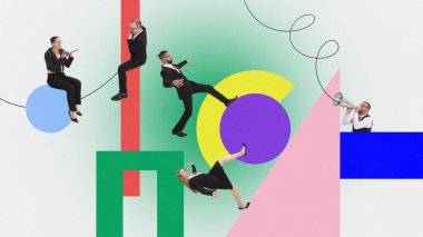 Çağdaş sanat kolajı. Patronun klasik megafonla bağırıp, çalışanlara yardım ettiği modern sanat eserleri. Motivasyon, destek ekibi. İş, takım çalışması, kariyer büyümesi, başlangıç konsepti