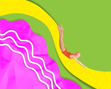 Çağdaş sanat kolajı. Minimalizm, sürrealizm. Profesyonel yüzücü renkli suya atlıyor. Boyalı arka planda izole edilmiş. Spor, rekabet, motivasyon, konsept. Yaz sporları.