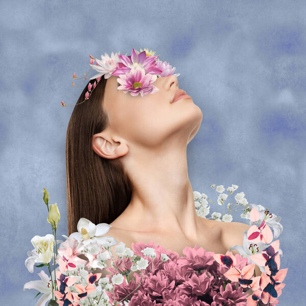 Abstract. Contemporary art collage. Close up portrait of young, tender, sensual woman with flowers over her eyes and breast. concept of beauty, tenderness, flowers, spring, blossom. Banner. Ad.