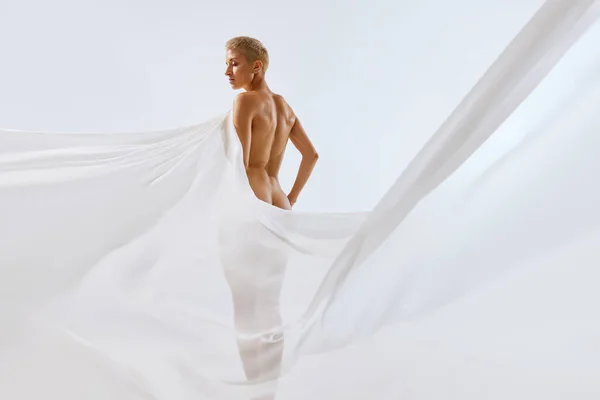 Back View Portrait Young Fit Woman Body Covering White Transparent — Stock Photo, Image