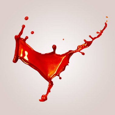 Bej arkaplan üzerinde damla damla kırmızı sıçrama ve dalga. Sıvı boya, renk patlaması. Modern tasarımdaki ana trendler. Dokular, renkler, paletler, ürünler, özgürlük kavramı. Ad