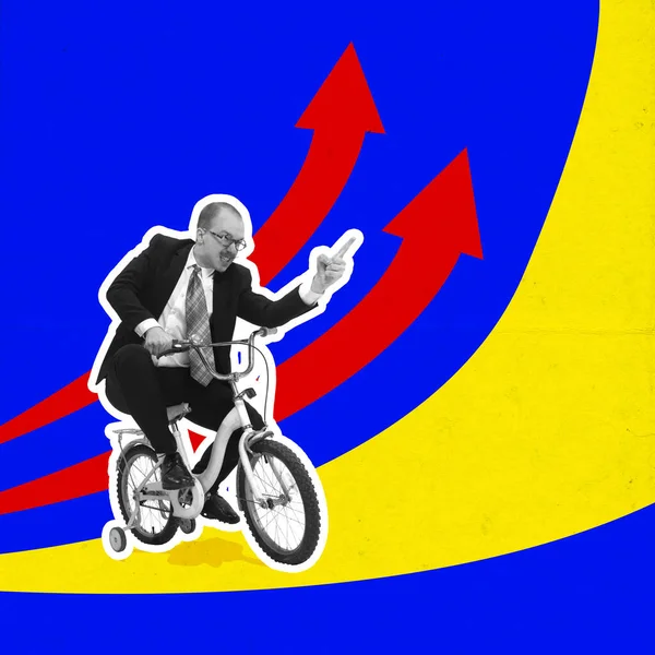 Poster. Contemporary art collage. Excited black white gamma guy ride bicycle growing arrow upwards, check mark icon isolated on bright background. concept of business, money, achievements, motivation.