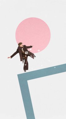 Çağdaş sanat kolajı. Klasik kış kıyafetleri içinde mutlu genç bir adam dağlarda karda eğleniyor. Aktif eğlence aşığı. Çizim stili. Kış mevsimi kavramı, tatil, mutluluk, tatil. Poster